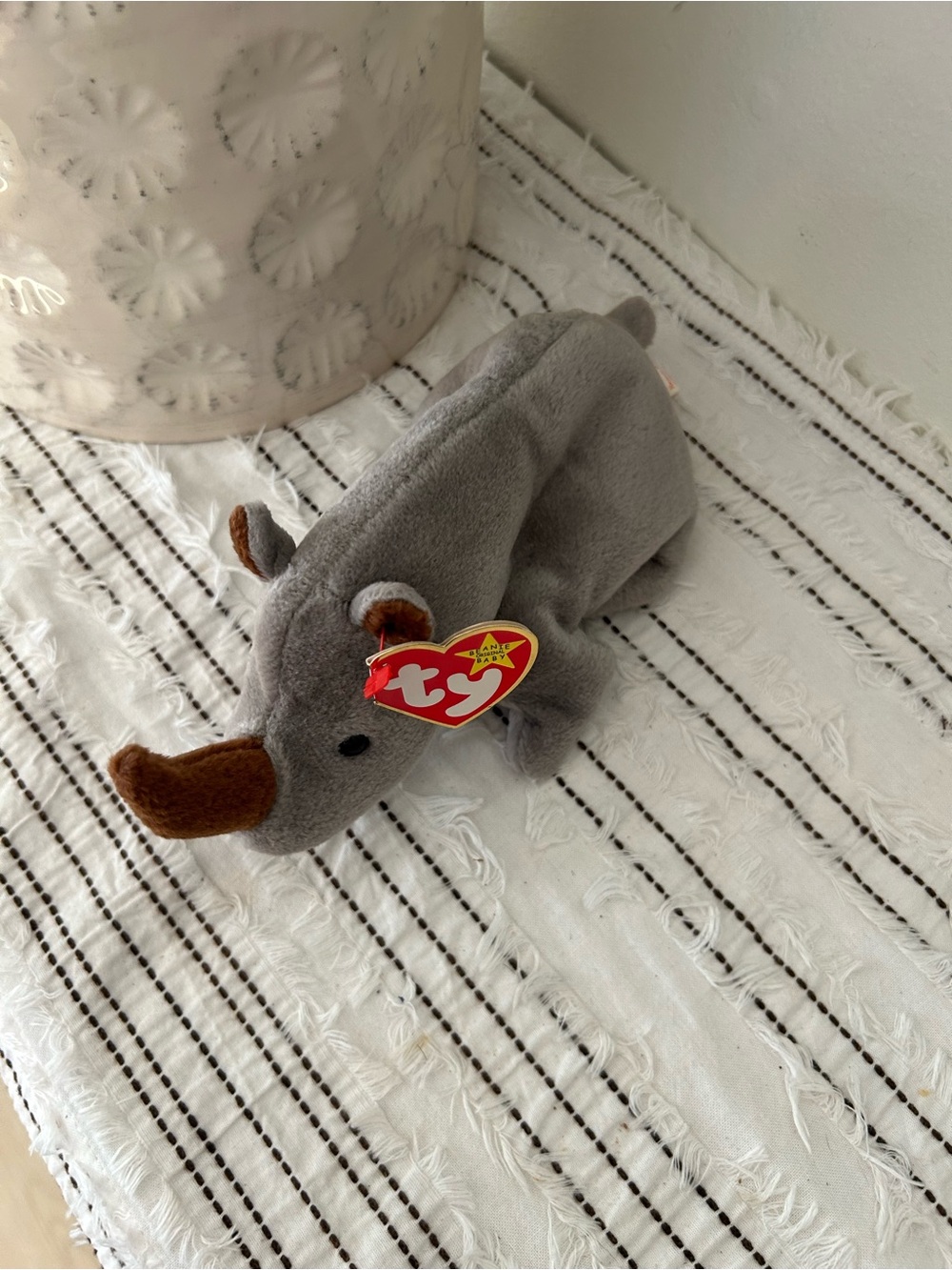 Vintage 1996 Ty Beanie Baby Spike Gray Plush Rhino with Brown Horn